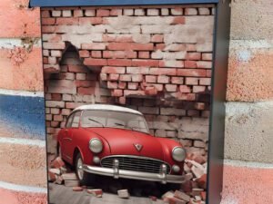Broken Wall Bricks And A Classic Red Car 3 Colonial Mailbox Cover
