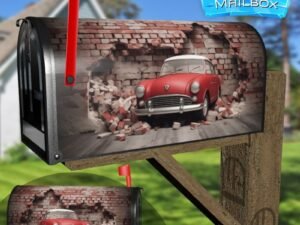Broken Wall Bricks And A Classic Red Car 3 Decorative Rural Farm Mailbox Cover