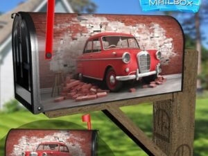 Broken Wall Bricks And A Classic Red Car 4 Decorative Rural Farm Mailbox Cover