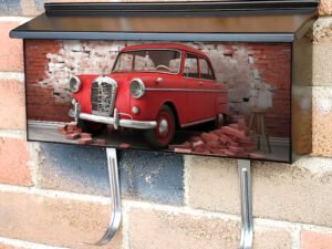 Broken Wall Bricks And A Classic Red Car 4 Townhouse Mailbox Cover