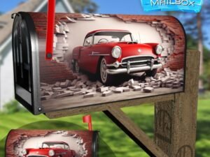 Broken Wall Bricks And A Classic Red Car 5 Decorative Rural Farm Mailbox Cover