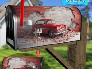 Broken Wall Bricks And A Classic Red Car 6 Decorative Rural Farm Mailbox Cover