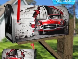 Broken Wall Bricks And A Classic Red Car 7 Decorative Rural Farm Mailbox Cover