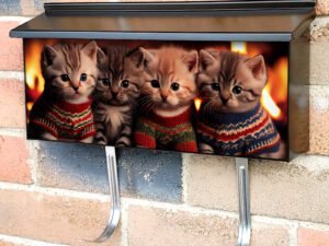 A Group Of Little Kittens In Christmas Sweaters In Front Of Fireplace Townhouse Mailbox Cover