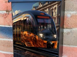 A High Speed Modern Train Rides On Rails Colonial Mailbox Cover