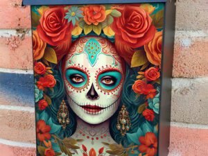 Sugar Skull Lady With Red And Orange Roses Colonial Mailbox Cover