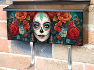 Sugar Skull Lady With Red And Orange Roses Townhouse Mailbox Cover