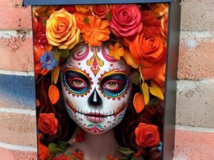Sugar Skull Female With Red And Orange Roses Colonial Mailbox Cover