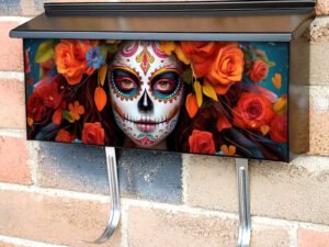 Sugar Skull Female With Red And Orange Roses Townhouse Mailbox Cover