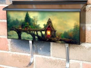 Fantastic Night Landscape With Flying Islands Over The Lake Townhouse Mailbox Cover