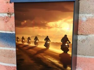 Motorcyclists On The Road At Sunset Colonial Mailbox Cover