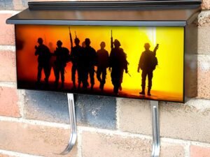 Silhouettes Of Army Soldiers In The Fog Against A Sunset Townhouse Mailbox Cover