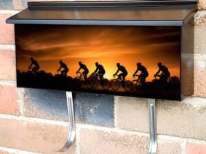 Silhouettes Of Professional Cyclists On Road At Sunset Townhouse Mailbox Cover