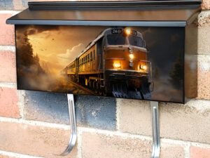 The Train Rides On Rails Around Sunset Townhouse Mailbox Cover