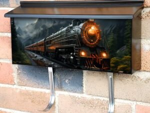 A Locomotive Train Rides On Rails Townhouse Mailbox Cover