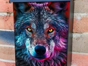 Colorfully Lighted Wolf At Night Colonial Mailbox Cover
