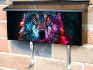 Colorfully Lighted Wolf At Night Townhouse Mailbox Cover