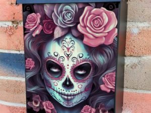 Face Painted Gray Haired Sugar Skull Lady With Pink Roses Colonial Mailbox Cover