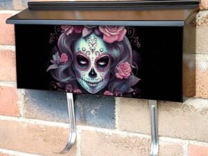 Face Painted Gray Haired Sugar Skull Lady With Pink Roses Townhouse Mailbox Cover