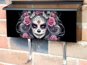 Face Painted Gray Haired Sugar Skull Woman With Pink Roses Townhouse Mailbox Cover