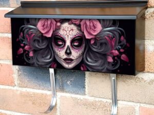 Face Painted Grey Haired Sugar Skull Female With Pink Roses Townhouse Mailbox Cover