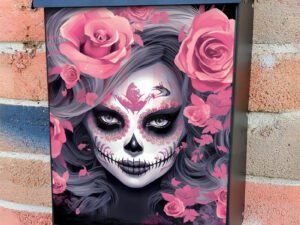 Face Painted Grey Haired Sugar Skull Lady With Pink Roses Colonial Mailbox Cover