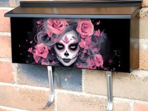 Face Painted Grey Haired Sugar Skull Lady With Pink Roses Townhouse Mailbox Cover