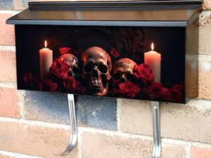 Three Skulls With Candles Townhouse Mailbox Cover