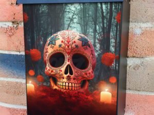 Sugar Skull With Candles And Flowers In The Forest Colonial Mailbox Cover
