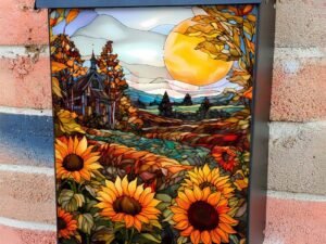 Stained Glass Autumn Church Colonial Mailbox Cover