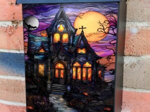 Stained Glass Halloween Castle Colonial Mailbox Cover