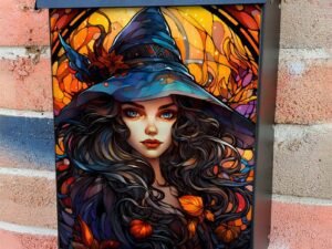 Stained Glass Halloween Witch Colonial Mailbox Cover