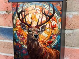 Stained Glass Autumn Deer Colonial Mailbox Cover
