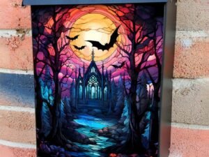Stained Glass Halloween Haunted Church Colonial Mailbox Cover