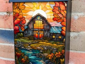 Stained Glass Autumn Farm Colonial Mailbox Cover