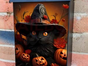 Black Witch Kitten and Pumpkins Colonial Mailbox Cover