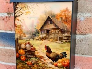 Farmhouse with Pumpkins and Chicken Colonial Mailbox Cover