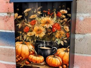 Autumn Flowers, Pumpkins and Coffee Colonial Mailbox Cover