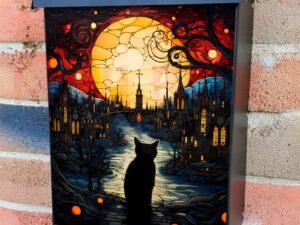 Stained Glass Halloween Cat Colonial Mailbox Cover
