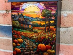 Stained Glass Cottage with Pumpkins Colonial Mailbox Cover