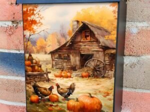Farmhouse, Pumpkins and Roosters Colonial Mailbox Cover