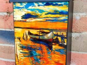 Colorful Sunset with a Fishing Boat Colonial Mailbox Cover