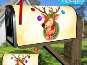 Rudolph the Reindeer and Christmas Wreath Decorative Rural Farm Mailbox Cover