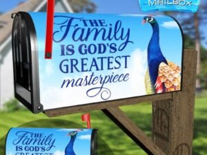 Beautiful Peacock and a Family Quote Decorative Rural Farm Mailbox Cover