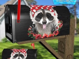 Cute Raccoon with Bandana and Poppies Decorative Rural Farm Mailbox Cover