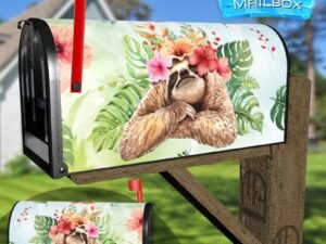 Cute Sloth with Hibiscus Flowers Decorative Rural Farm Mailbox Cover