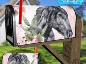 Black Stallion with Pink Flowers Decorative Rural Farm Mailbox Cover