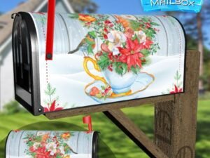 Winter Teacup with Flowers and Bird Decorative Rural Farm Mailbox Cover