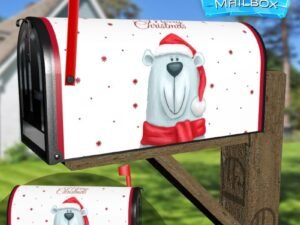 Smiling Polar Bear in Santa Hat Decorative Rural Farm Mailbox Cover
