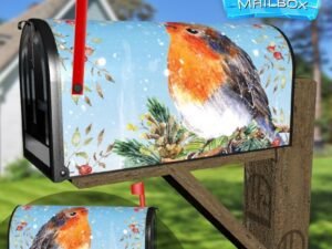 Winter Robin on a Pine Tree Branch Decorative Rural Farm Mailbox Cover